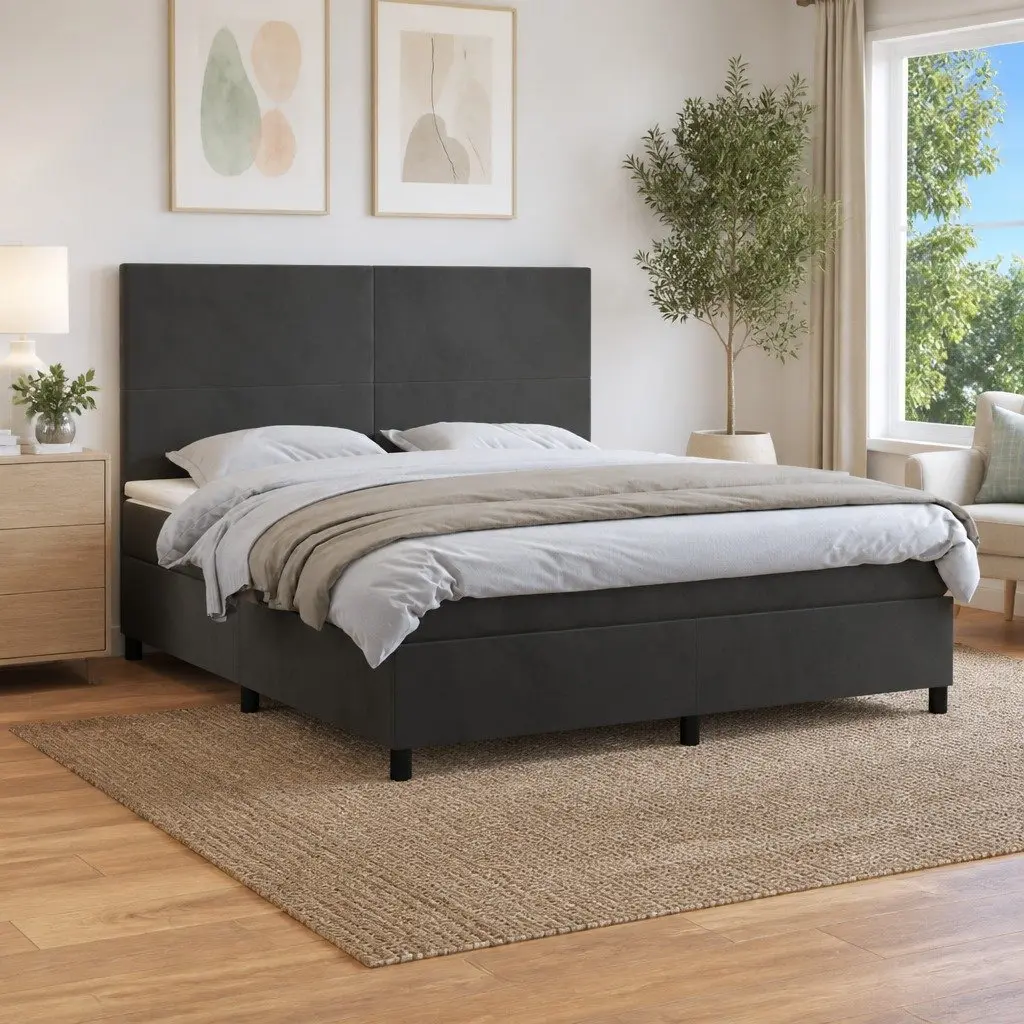 Box Spring Bed with Velvet Headboard and Mattress