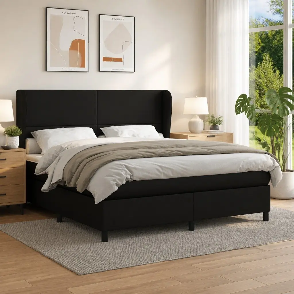 Box Spring Bed with Pocket Spring Mattress Black Faux Leather Queen Size