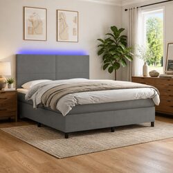 Queen Size Box Spring Bed with Built-in Mattress LED Headboard Dark Grey