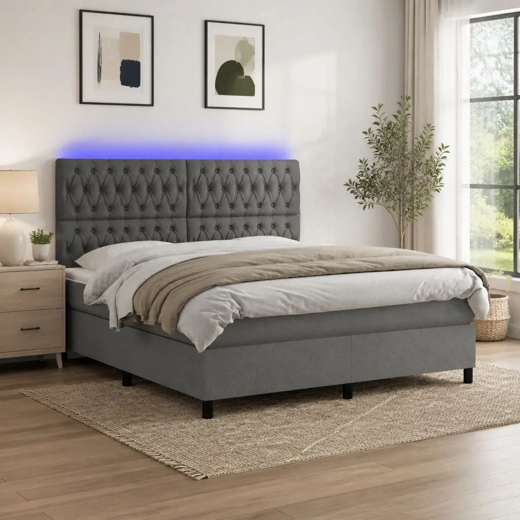 Box Spring Bed with LED Headboard Grey Fabric Queen Size