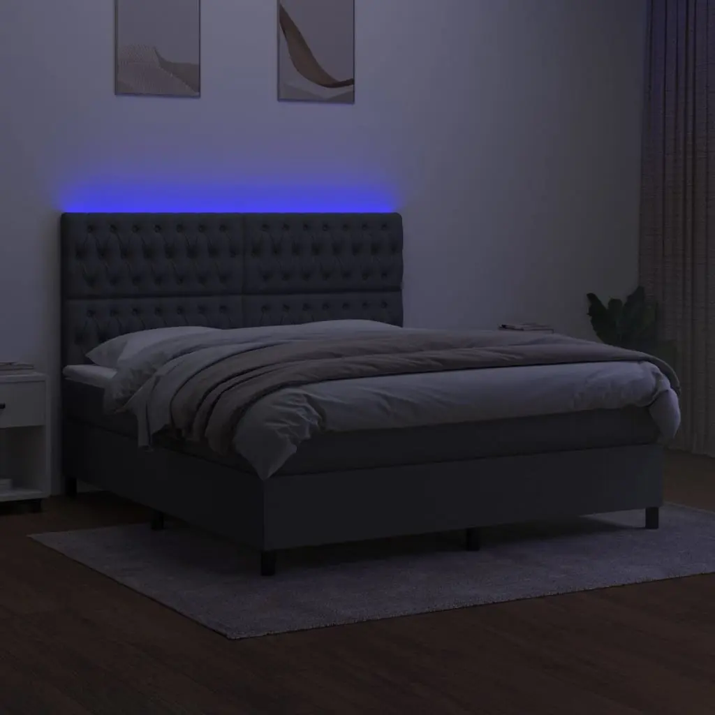 Box Spring Bed with LED Headboard Grey Fabric Queen Size