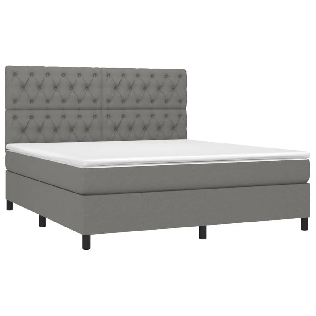 Box Spring Bed with LED Headboard Grey Fabric Queen Size
