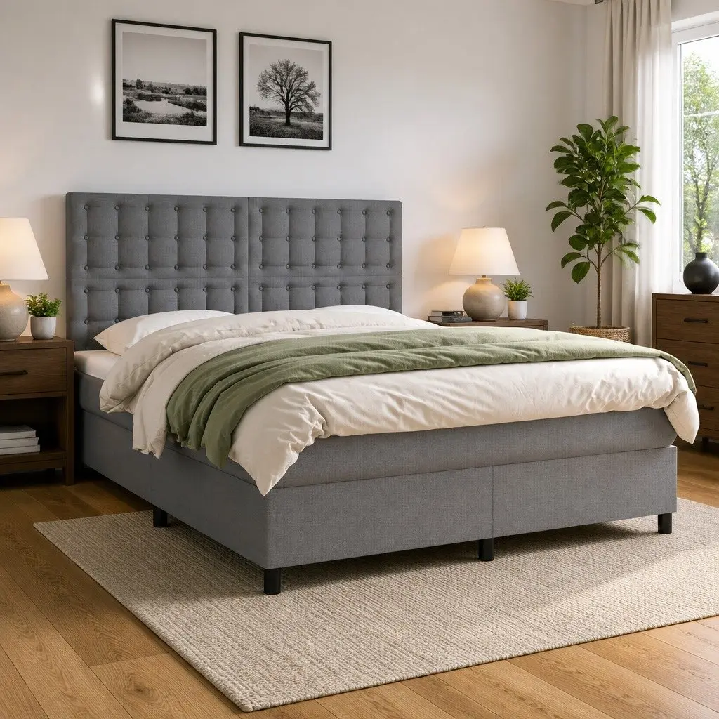 Queen Size Box Spring Bed with LED Headboard Pocket Mattress Grey 153x203cm