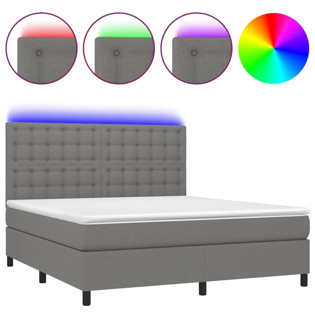 Queen Size Box Spring Bed with LED Headboard Pocket Mattress Grey 153x203cm