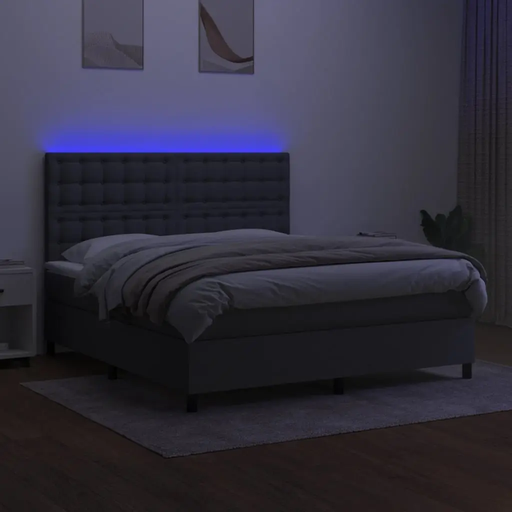 Queen Size Box Spring Bed with LED Headboard Pocket Mattress Grey 153x203cm