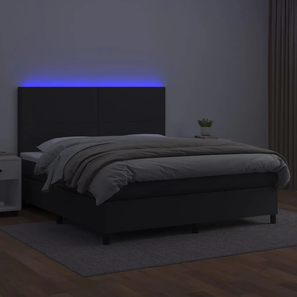 Queen Size Box Spring Bed with Pocket Spring Mattress LED Headboard Black Faux