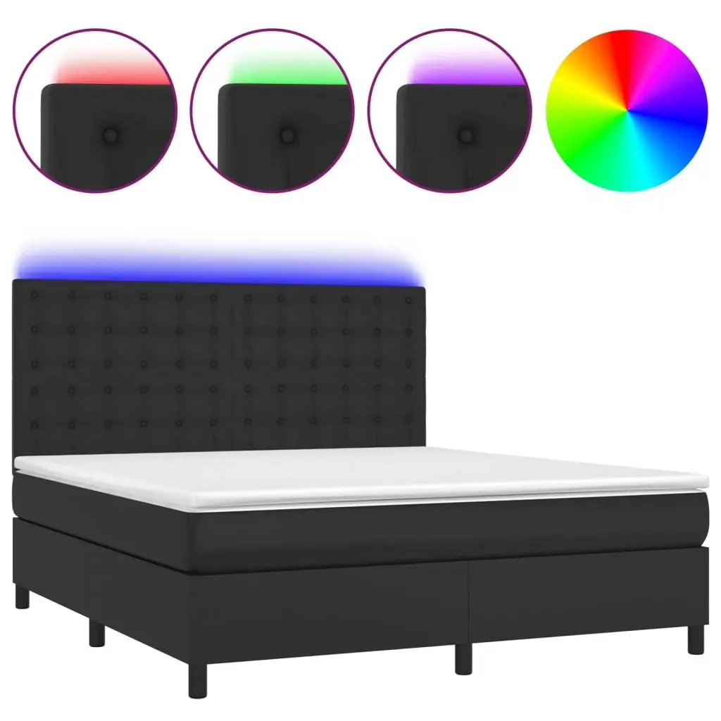 Pocket Spring Mattress Box Spring Bed with Adjustable LED Headboard in Black Faux Leather Queen Size