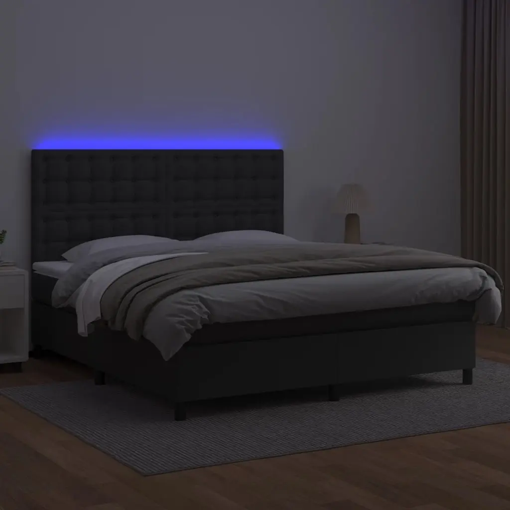Pocket Spring Mattress Box Spring Bed with Adjustable LED Headboard in Black Faux Leather Queen Size