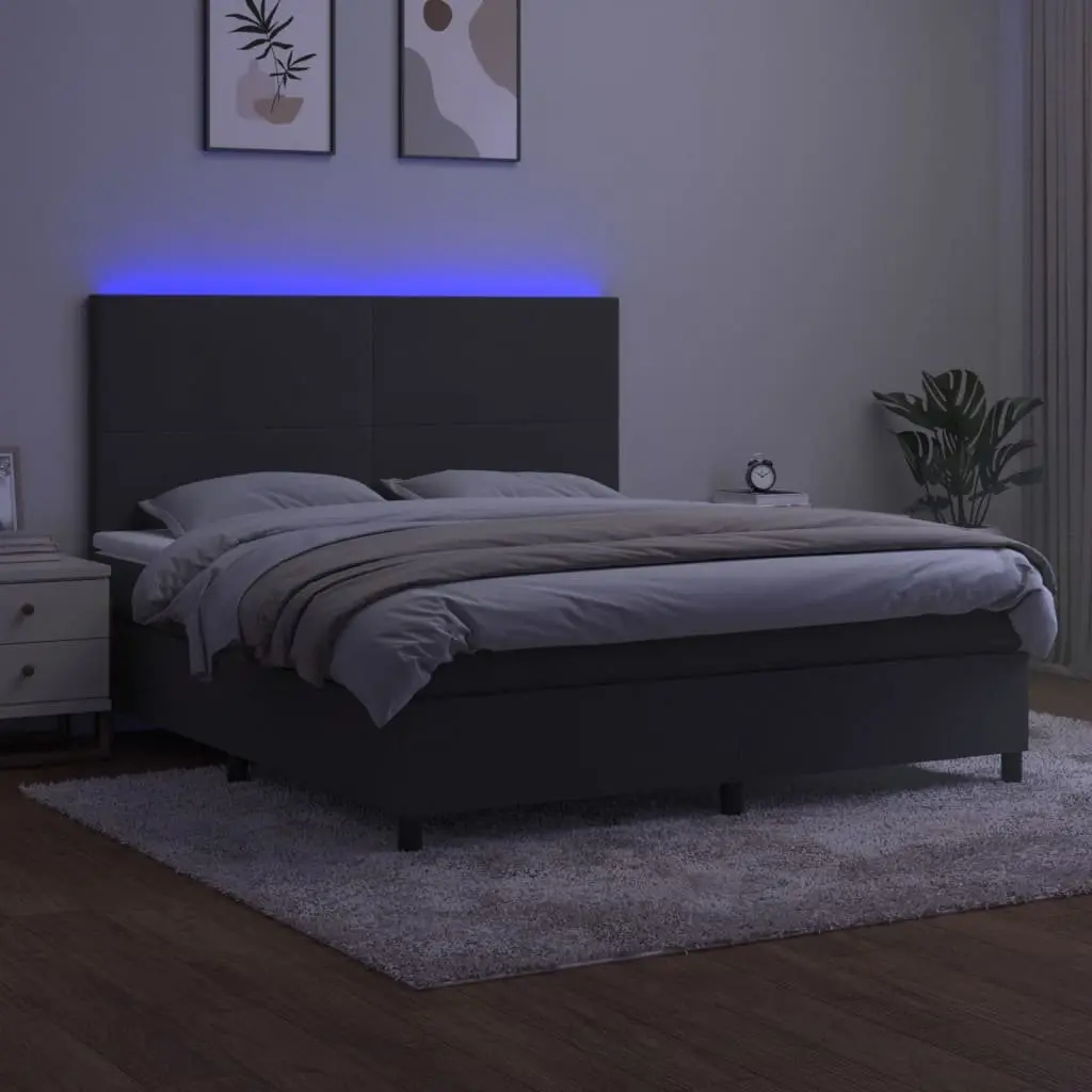 Queen Size Box Spring Bed with LED Lights Adjustable Headboard Velvet Grey 153x203 cm