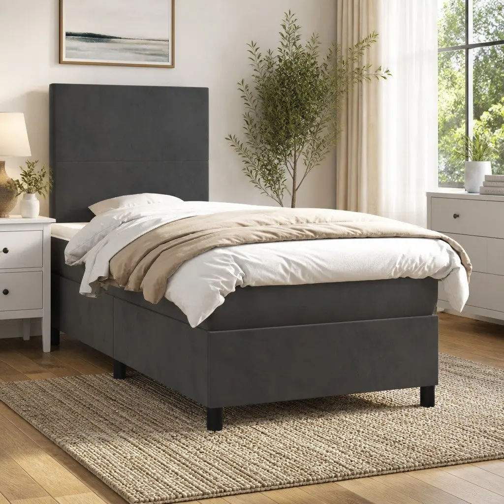 Box Spring Bed with LED Lights Velvet Headboard King Single 106x203 cm