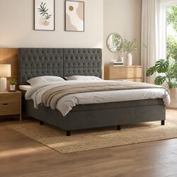 Queen Size Box Spring Bed with Pocket Spring Mattress LED Headboard Grey Velvet