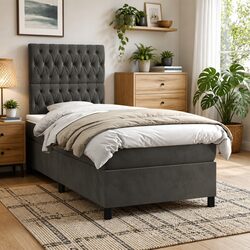 King Single Box Spring Bed with LED Lights Velvet Mattress Headboard 106x203cm