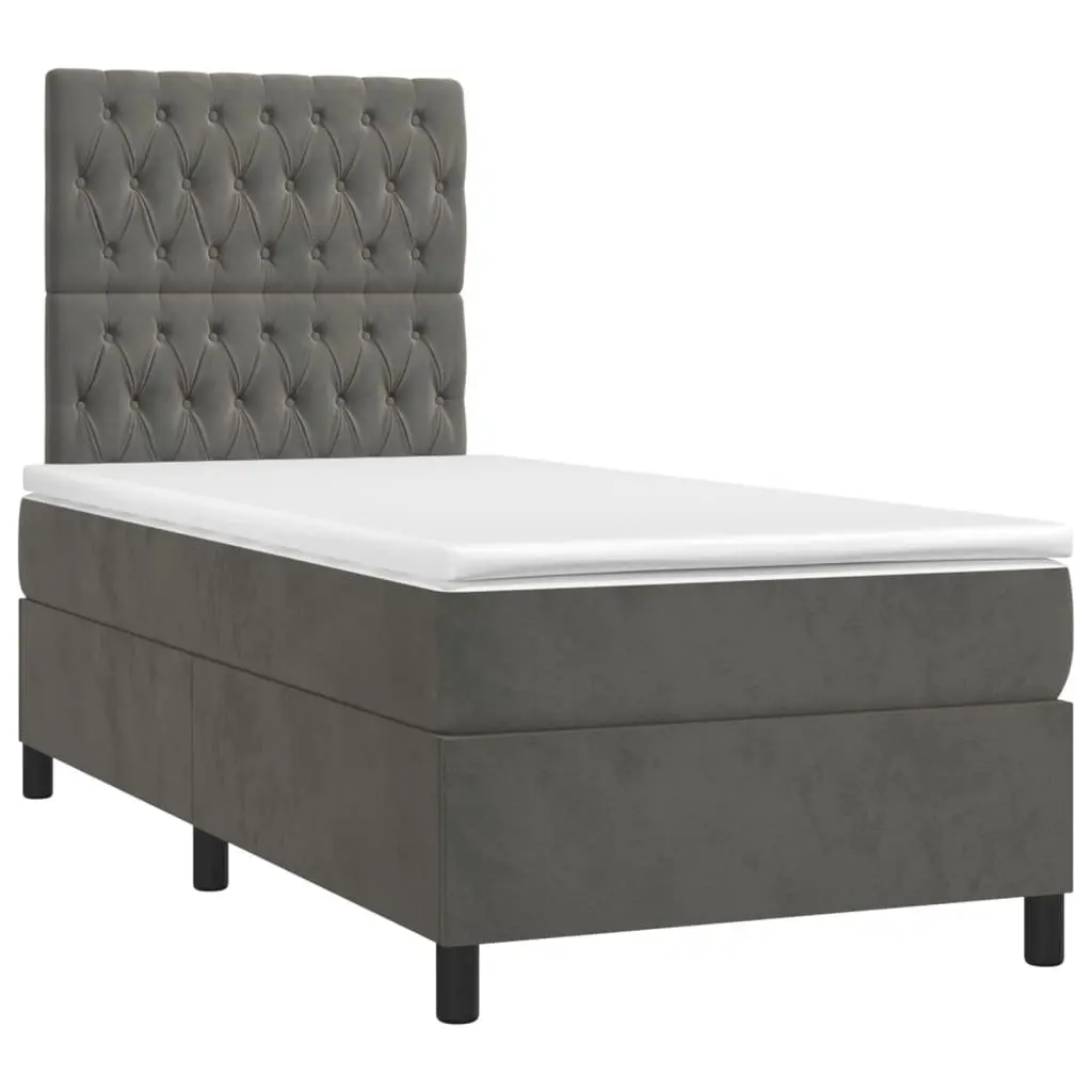 King Single Box Spring Bed with LED Lights Velvet Mattress Headboard 106x203cm