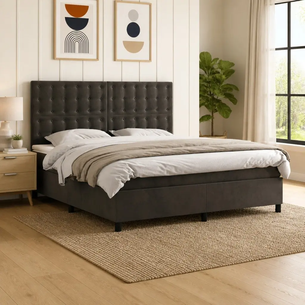 Queen Size Box Spring Bed with LED Lights Grey Velvet