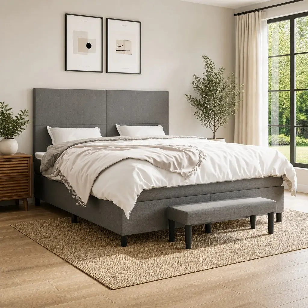 Box Spring Bed with Pocket Spring Mattress Adjustable Headboard Queen Size Grey Fabric
