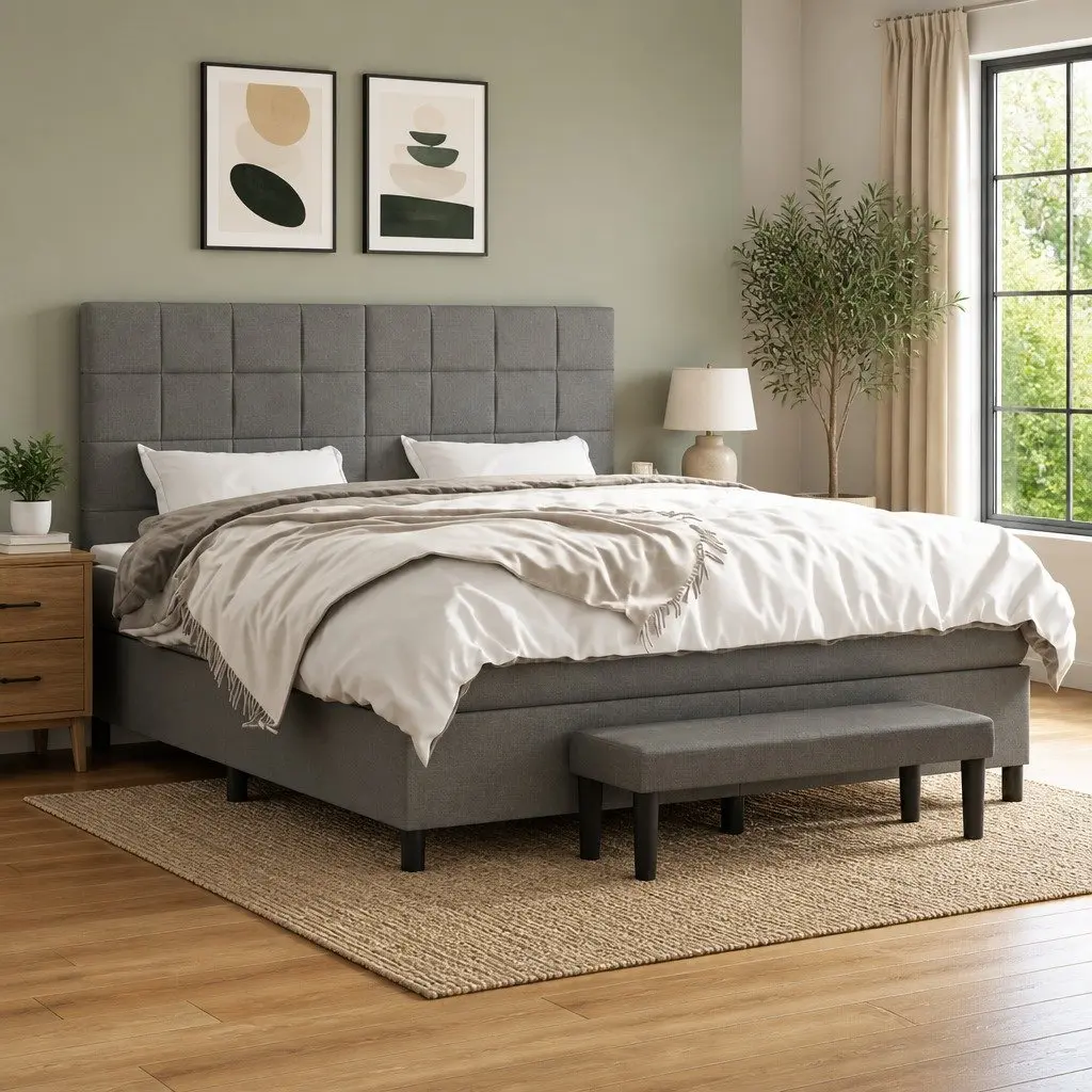 Queen Size Box Spring Bed with Bench
