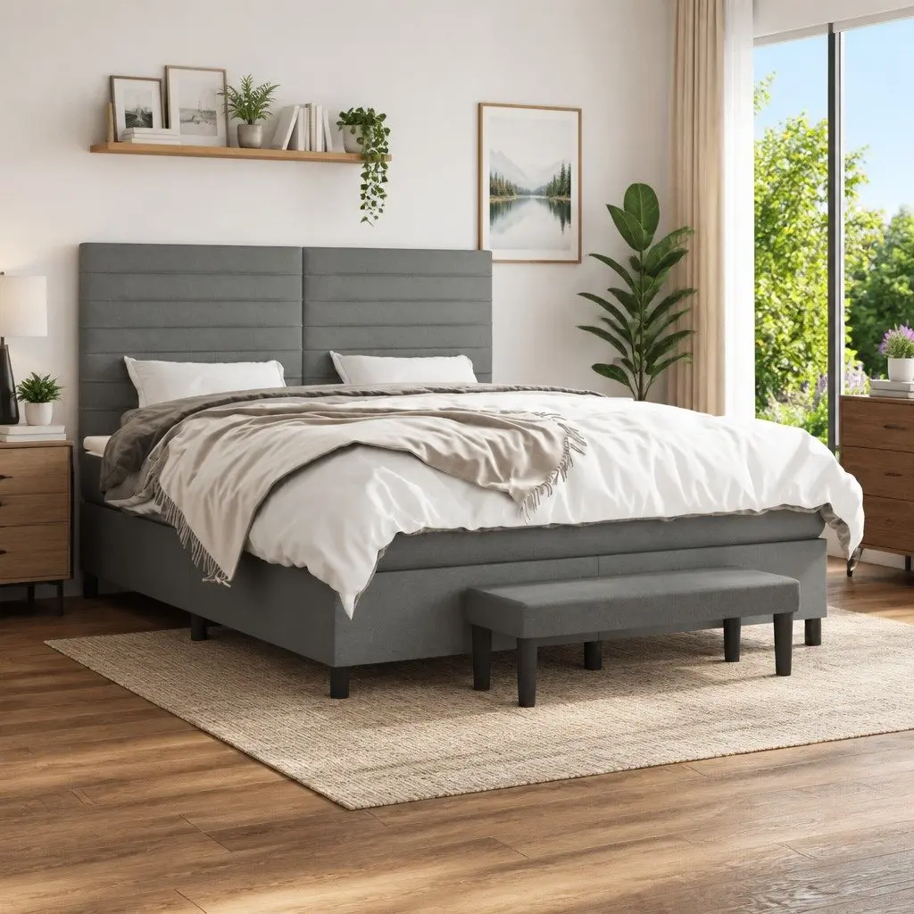 Queen Box Spring Bed with Mattress Dark Grey Fabric Adjustable Headboard 152x203 cm