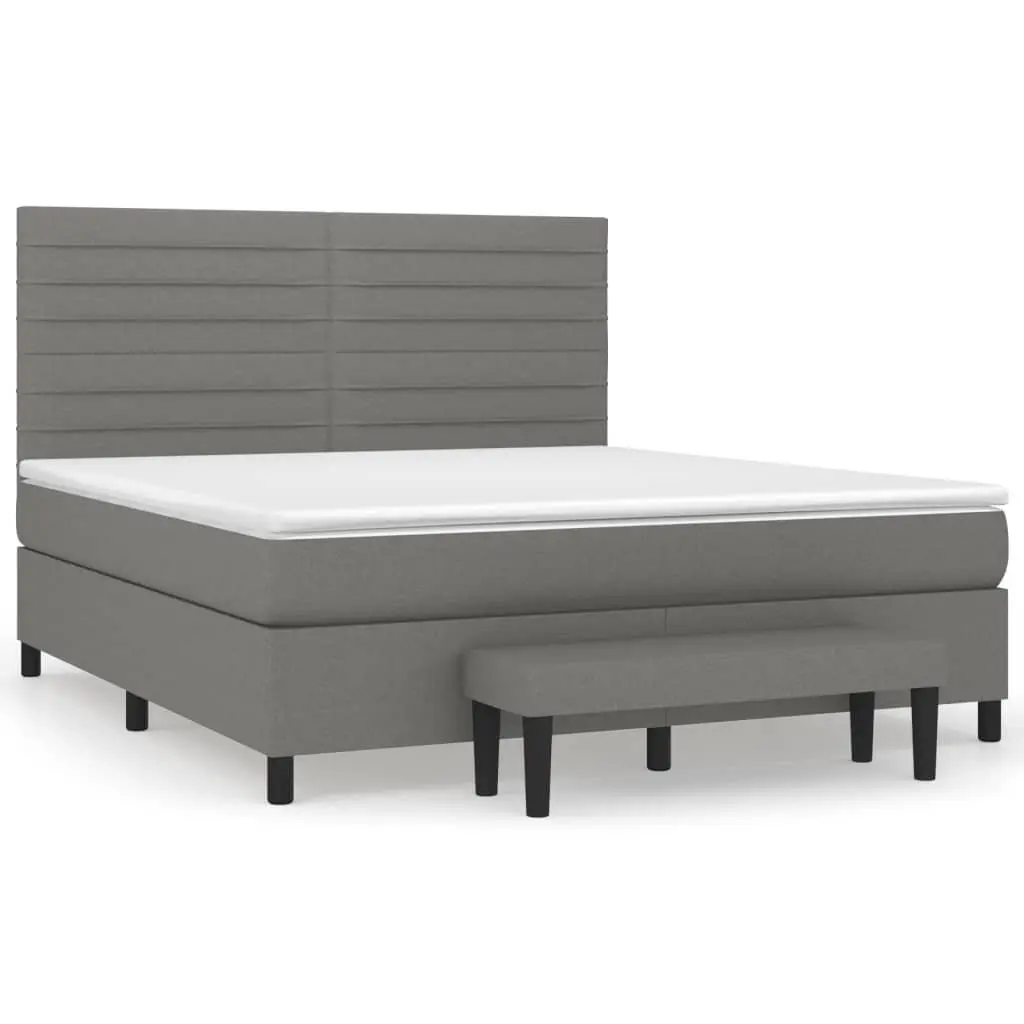 Queen Box Spring Bed with Mattress Dark Grey Fabric Adjustable Headboard 152x203 cm