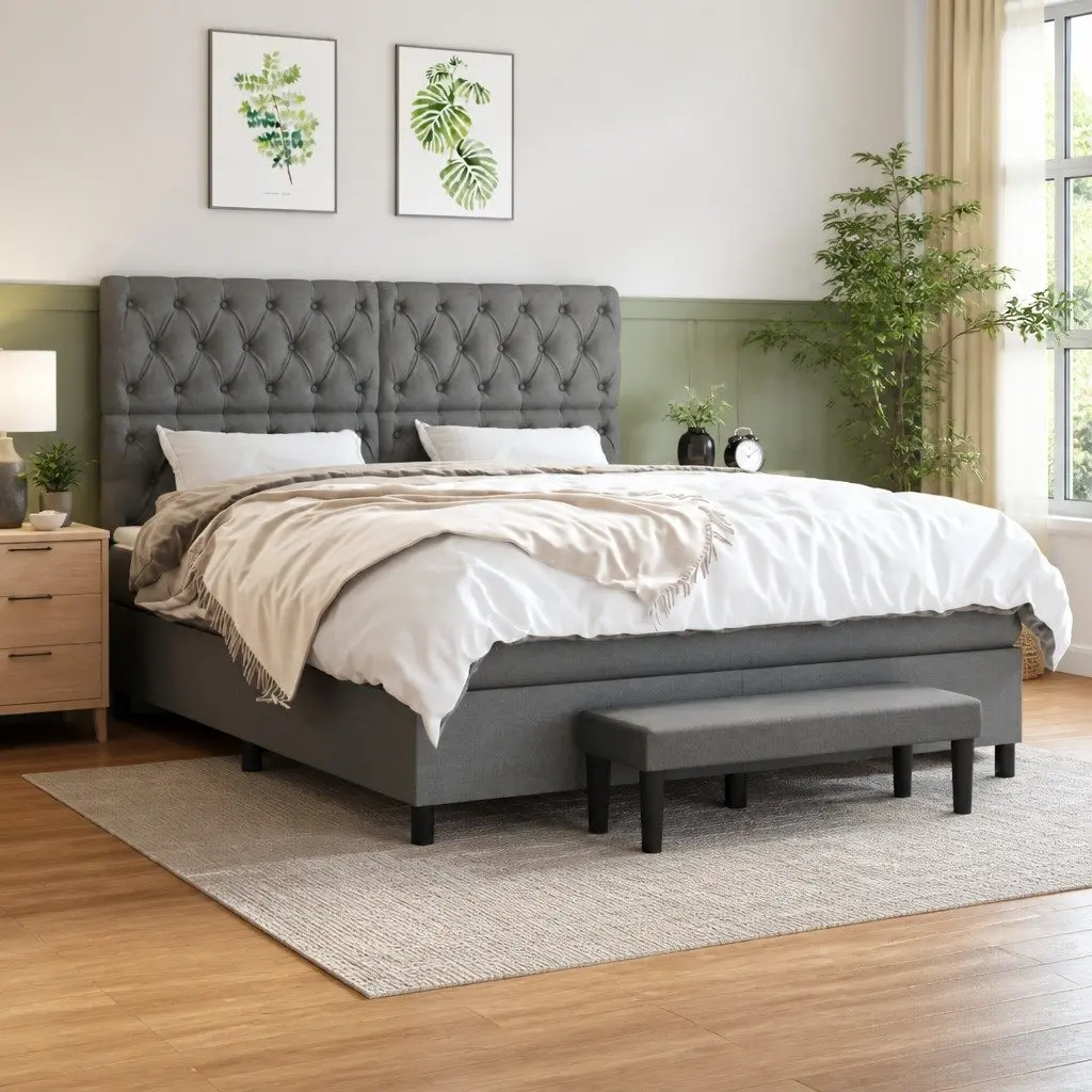 Box Spring Bed with Pocket Spring Mattress Adjustable Headboard Queen Size Dark Grey Fabric