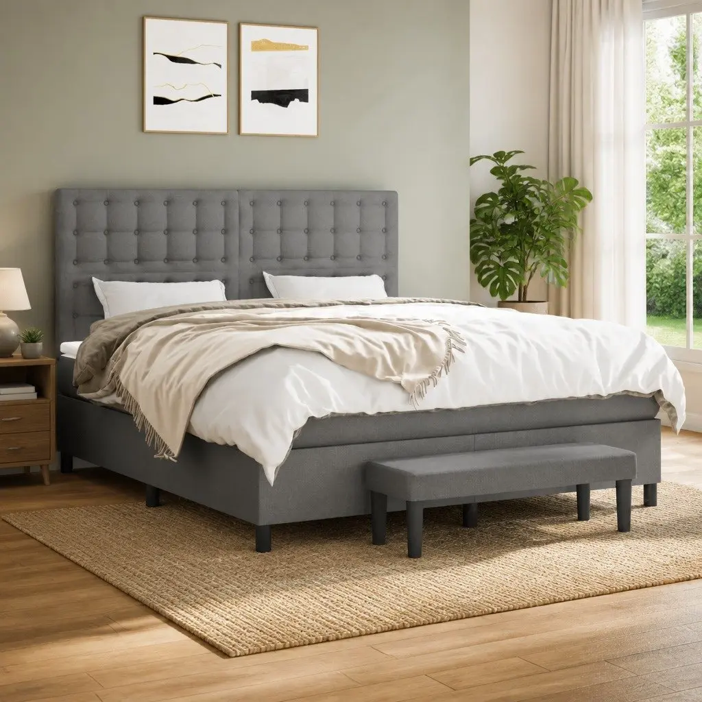 Queen Box Spring Bed with Mattress Dark Grey Fabric Adjustable Headboard 152x203 cm