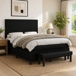 Queen Size Box Spring Bed with Pocket Mattress Adjustable Headboard Black Faux