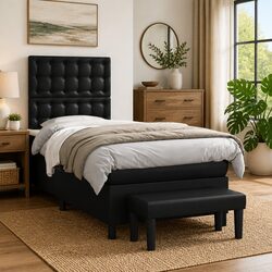 King Single Box Spring Bed with Pocket Spring Mattress Faux Leather Black