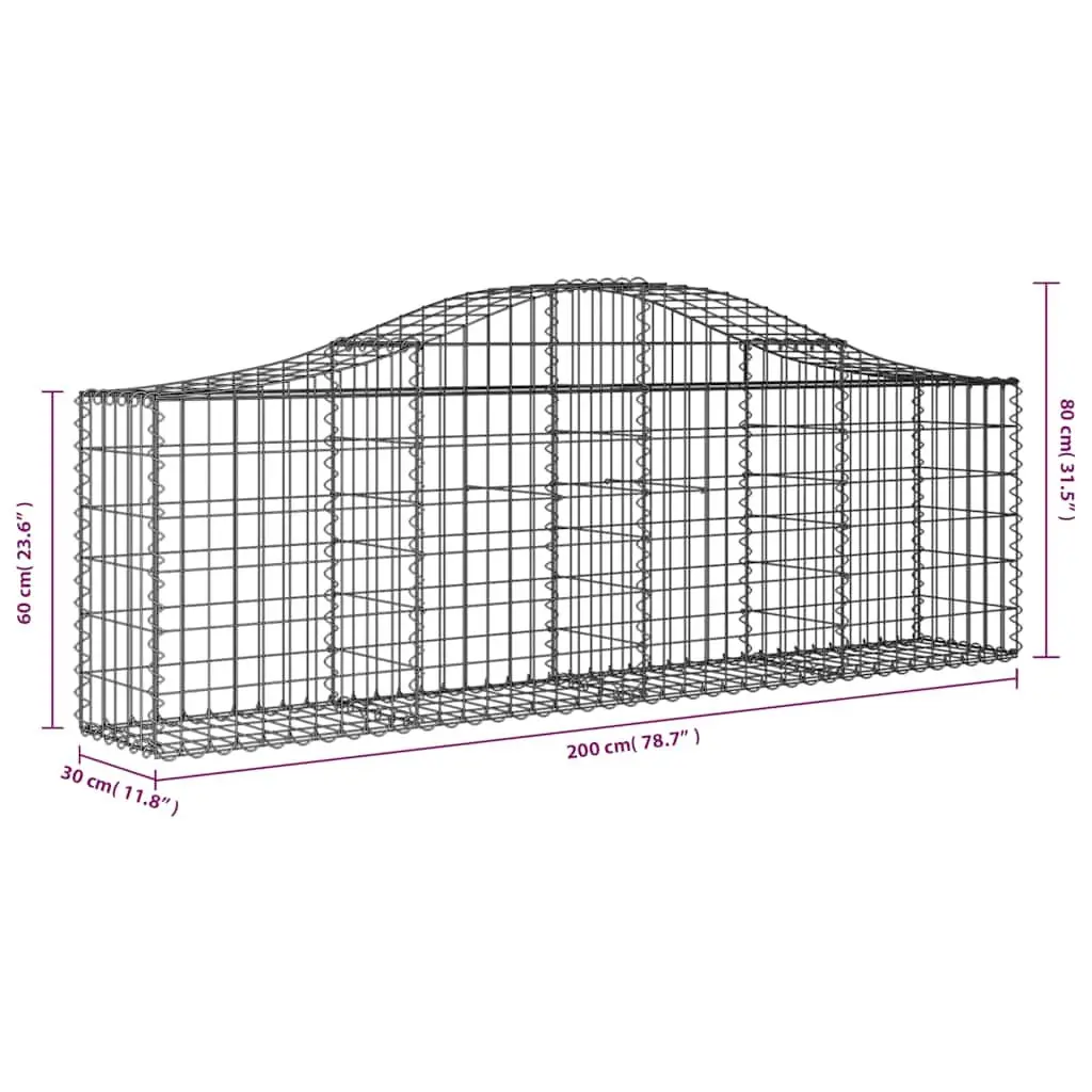 Arched Gabion Baskets Decorative Barriers Set 3 pcs 200 x 30 x 60/80 cm Galvanised Iron Construction