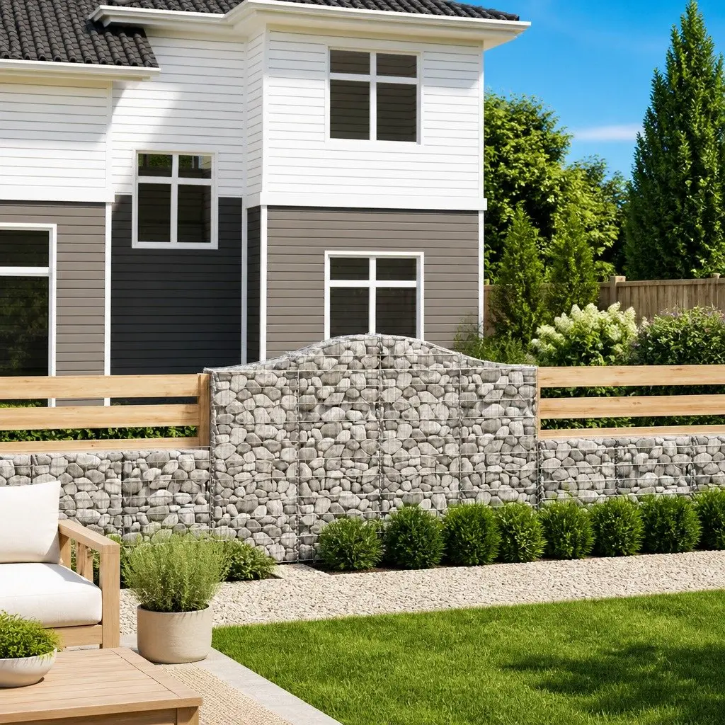 Arched Gabion Baskets Decorative Garden Barrier 3 Piece 200 x 30 x 120/140 cm Silver Galvanised Iron Construction