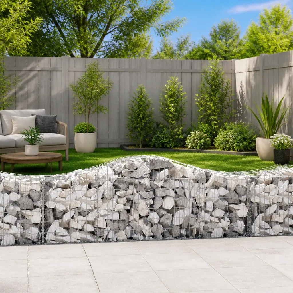 Arched Gabion Baskets Decorative Barrier Set 8 Piece Size 200 x 50 x 60/80 cm Galvanised Iron for Garden Retaining Wall Outdoor