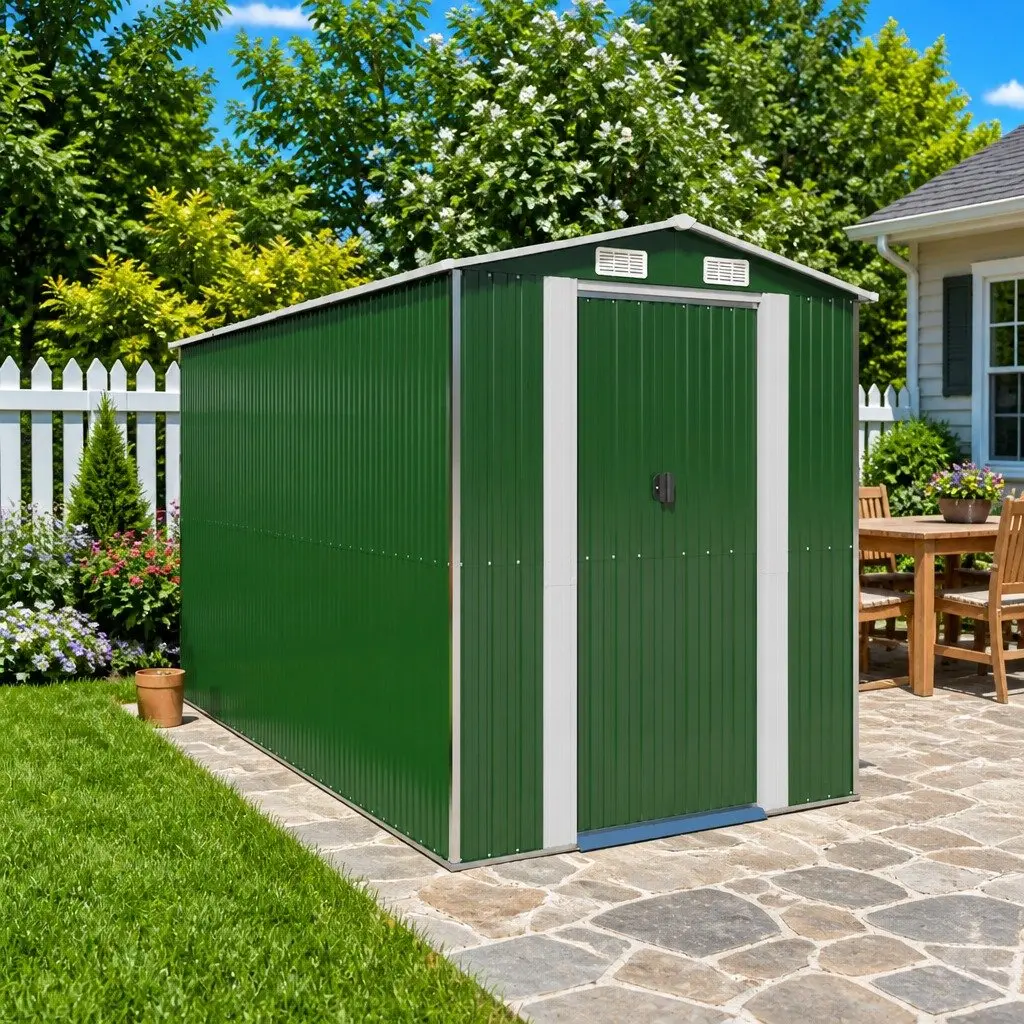 Green Galvanised Steel Garden Shed Outdoor Storage Tool Equipment 192x357x223cm
