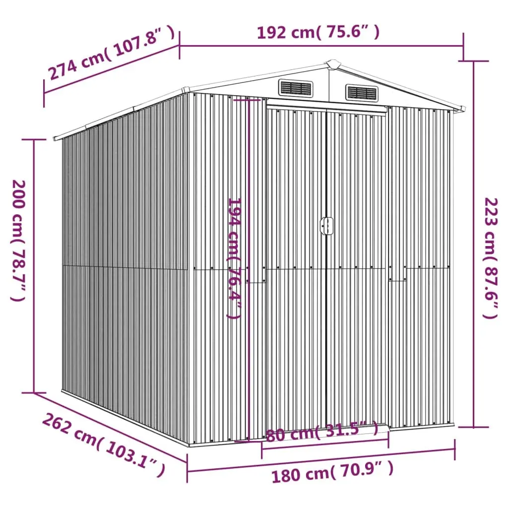 Garden Shed Light Grey Galvanised Steel Outdoor Storage 192 x 274 x 223 cm