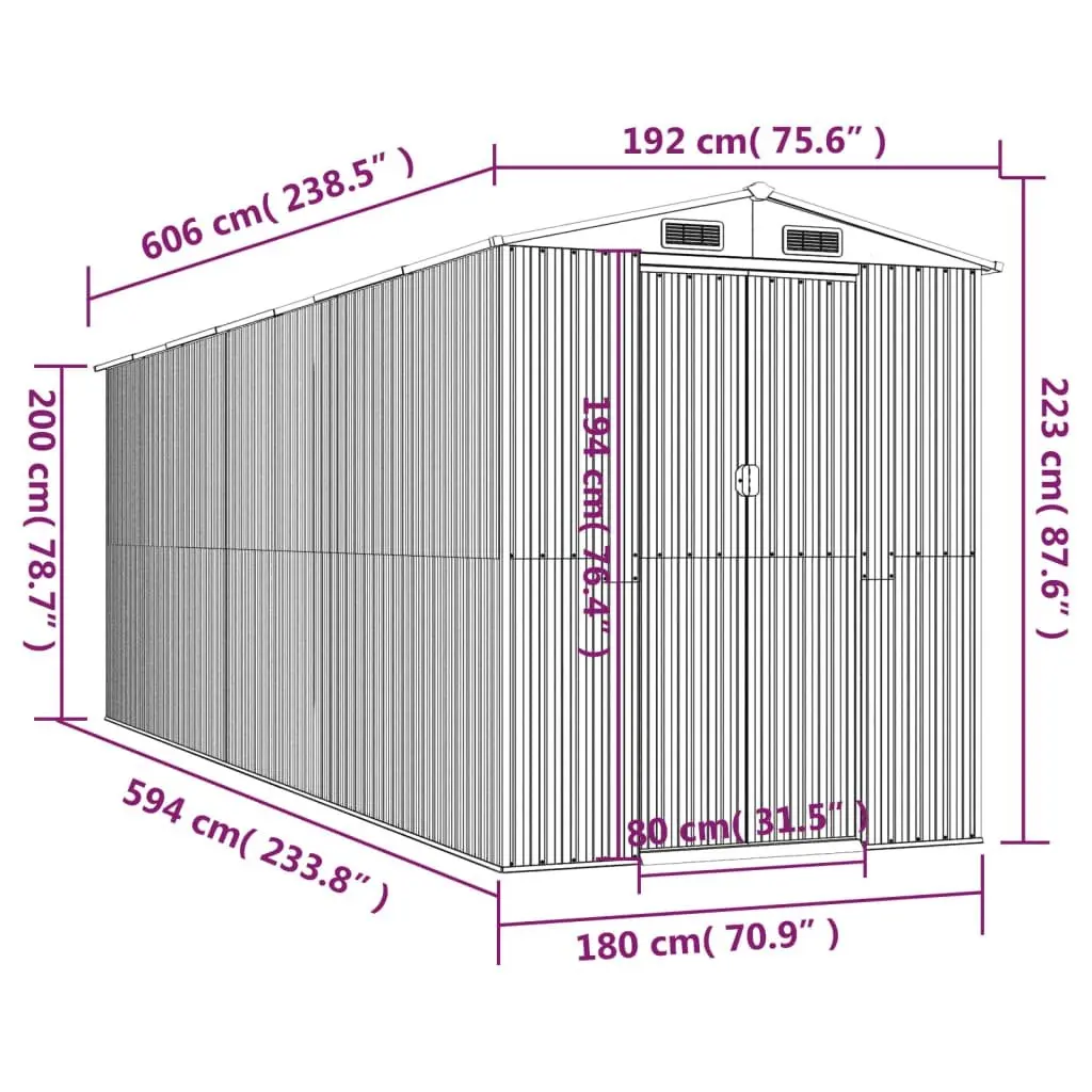 Garden Shed Galvanised Steel Grey Spacious Outdoor Storage 192 x 606 x 223 cm