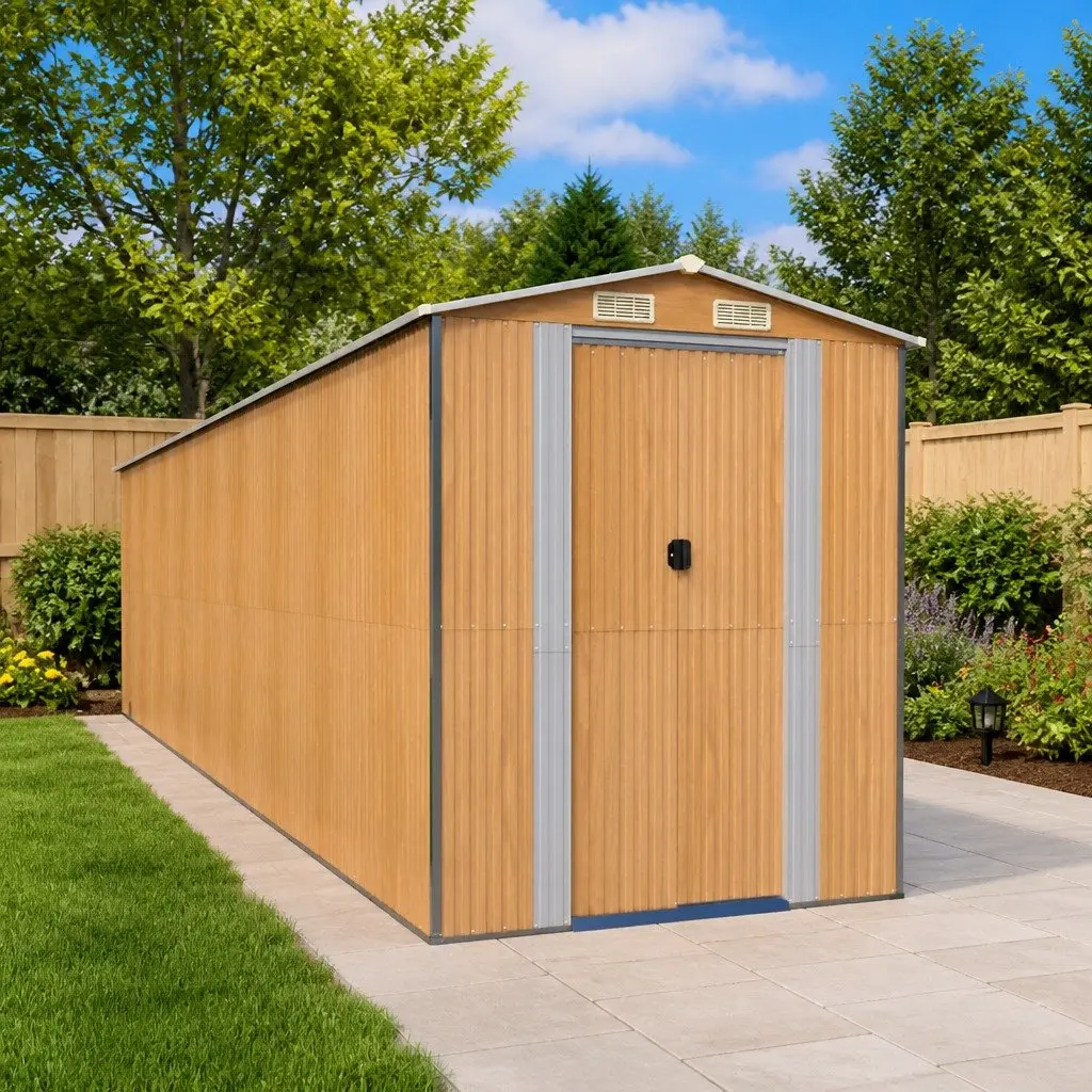 Garden Shed Light Brown Galvanised Steel Sliding Doors 192 x 772 x 223 cm