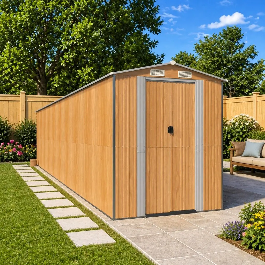 Garden Shed Brown Outdoor Storage Tool House Galvanised Steel Double Doors Vents