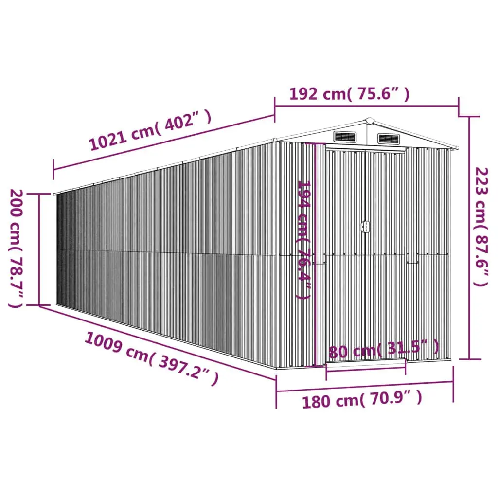 Garden Shed Brown Metal Double Sliding Doors 192 x 102 x 223 cm