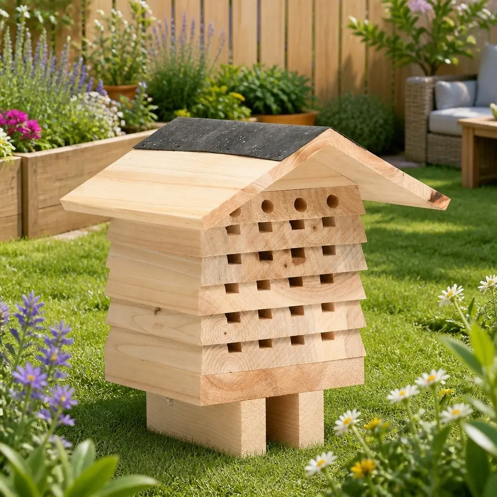 Bee Hotel Wooden Nesting House Solitary Bee Habitat Durable Fir Wood 22 x 20 x 20 cm