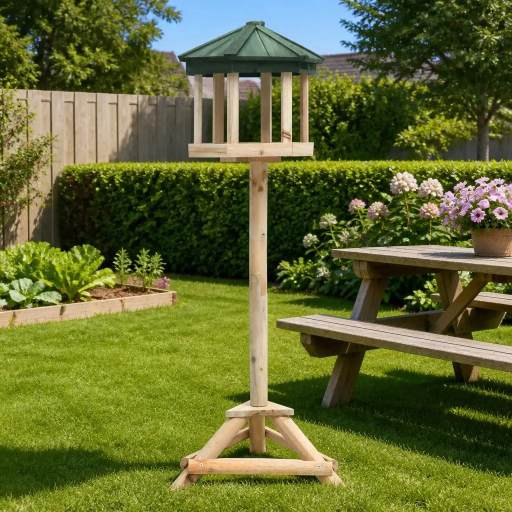 Standing Bird Feeder Solid Wood Tripod Design Brown Garden Outdoor Feeding