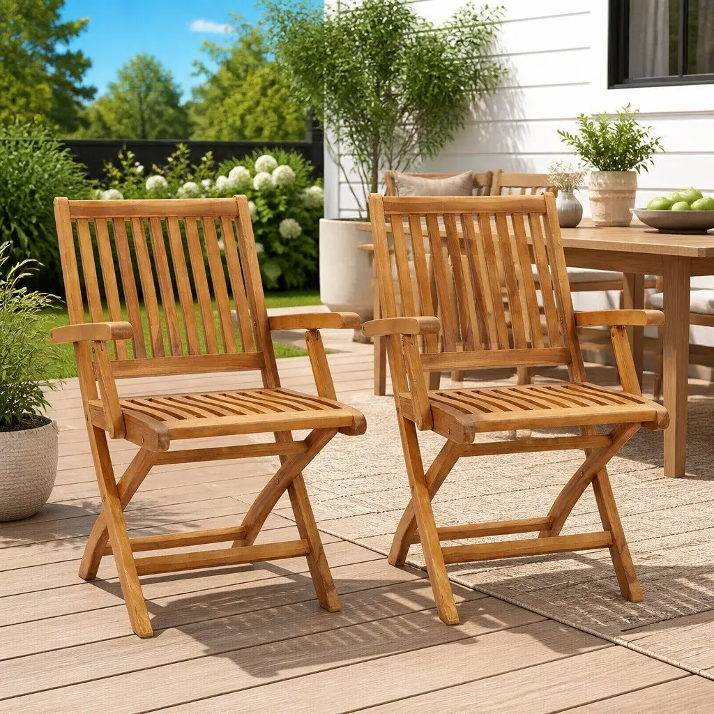 Folding Outdoor Garden Chairs Set of 2 Teak Hardwood Weather Resistant