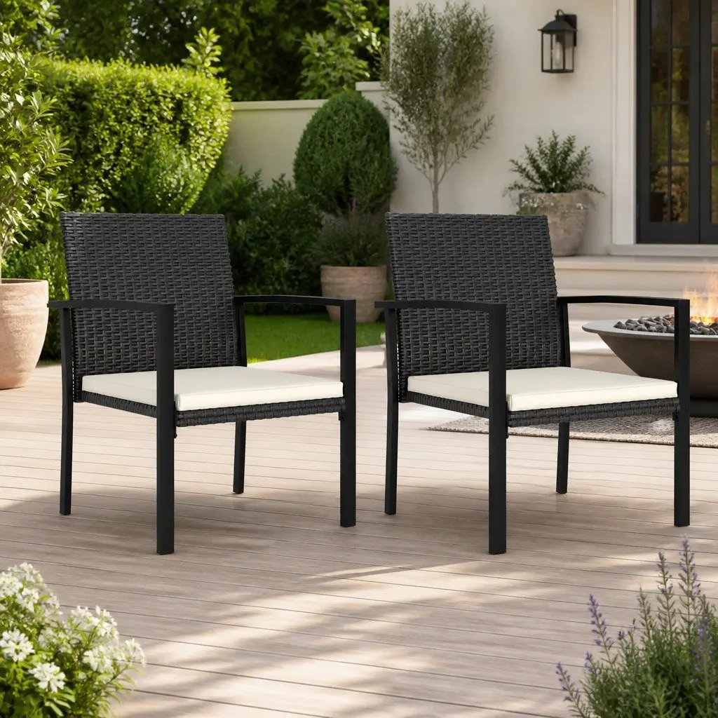 Outdoor Dining Chairs Set 2 pcs Weather-resistant PE Rattan Black with Cushions