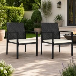 Outdoor Dining Chairs Set 2 pcs Garden Seating PE Rattan Black with Cushions