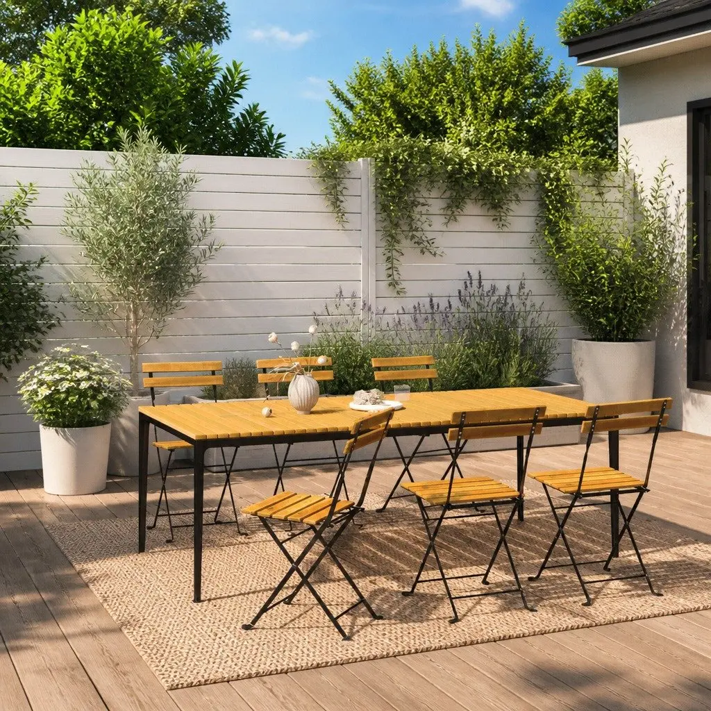 Folding Garden Chairs Set 6 Piece Steel Frame Acacia Wood Outdoor Seating
