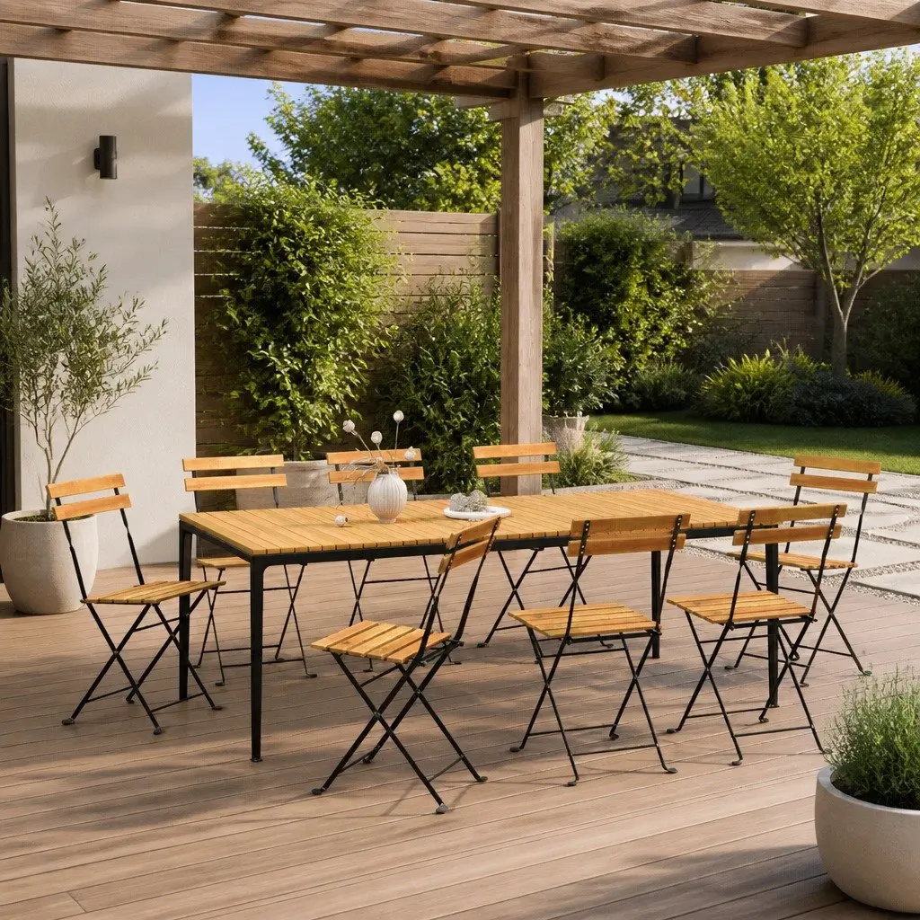 Set of 8 Brown Folding Garden Chairs Acacia Wood with Steel Frame for Patio Balcony Outdoor Use