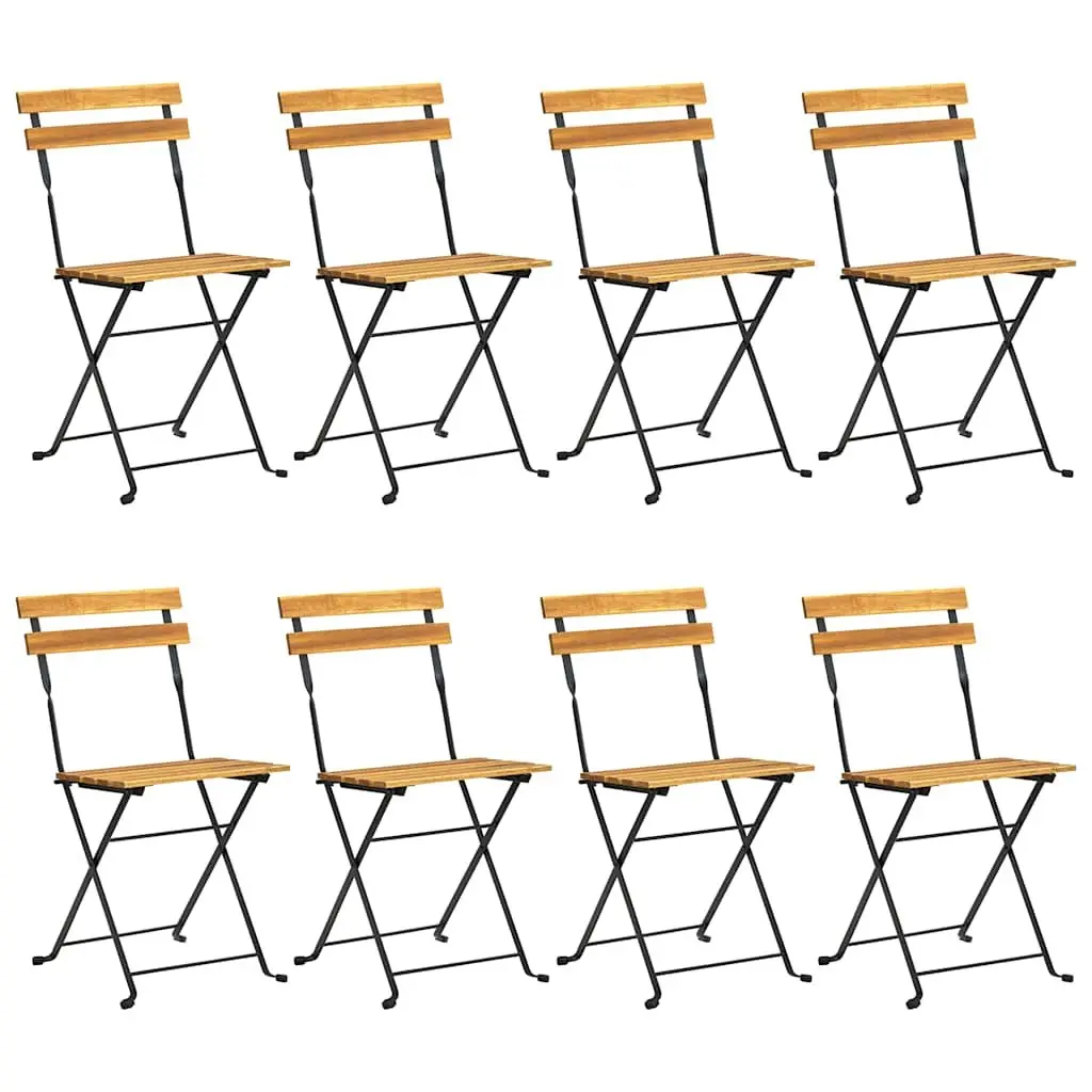 Set of 8 Brown Folding Garden Chairs Acacia Wood with Steel Frame for Patio Balcony Outdoor Use