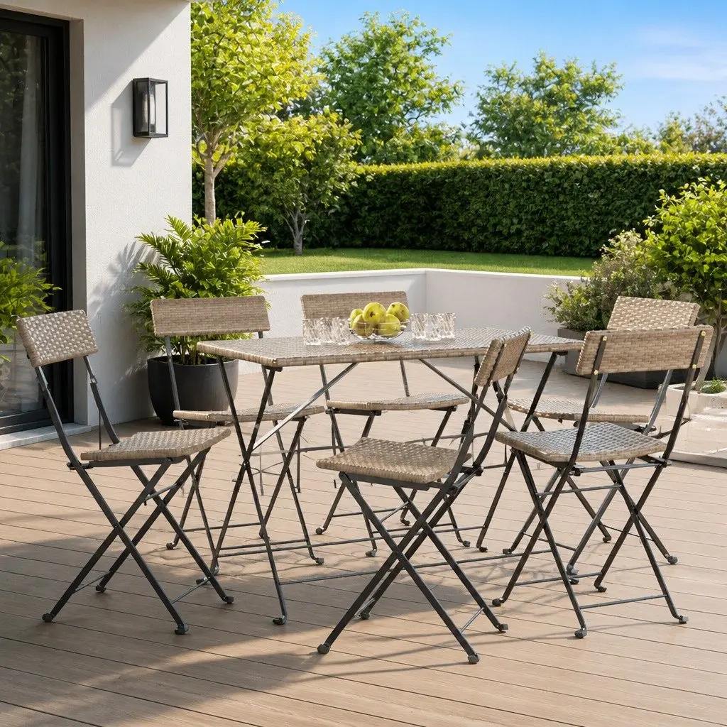 Folding Bistro Chairs Grey Outdoor Garden Seating Rattan Steel Frame 6 Pcs Set