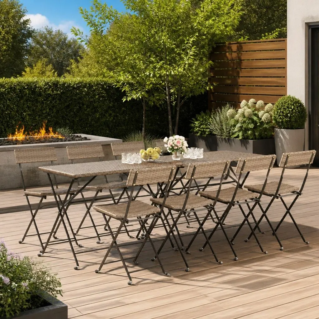 Folding Bistro Chairs Grey Outdoor Garden Seating 8 Piece Poly Rattan Steel Frame