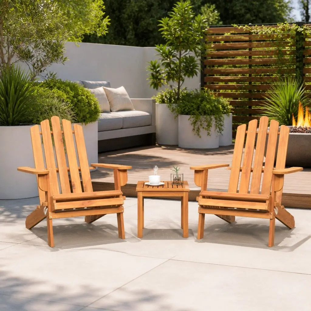 Adirondack Garden Lounge Set 3 Piece Outdoor Furniture Wooden Chair Table Brown