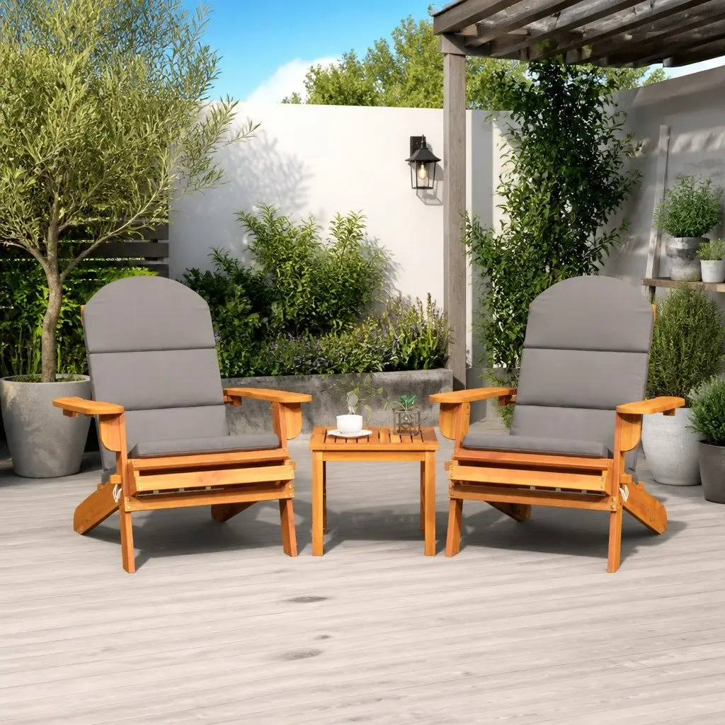 3 Piece Adirondack Garden Lounge Set Solid Acacia Wood Foldable Cushioned Outdoor Furniture Brown