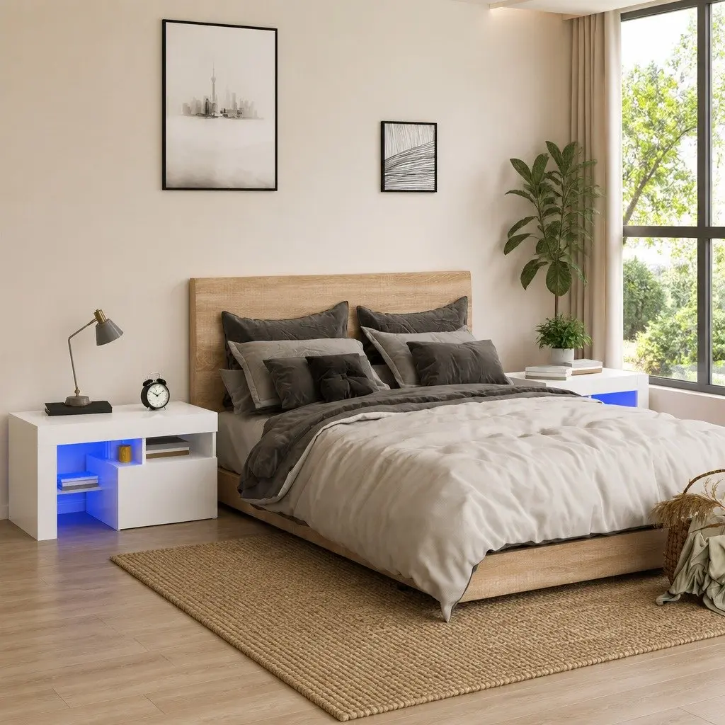 Bedside Cabinets 2pcs RGB LED Lights High Gloss White Modern Bedroom Storage