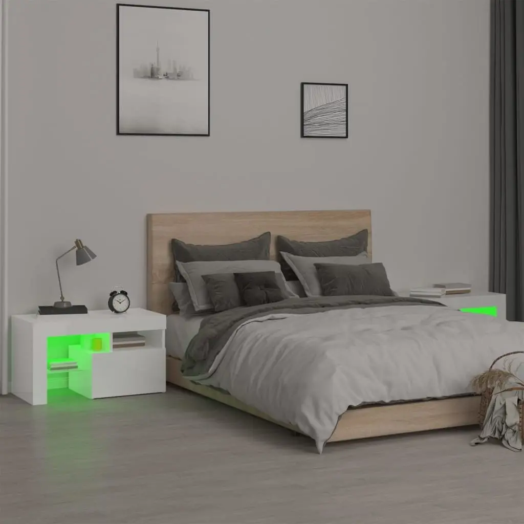 Bedside Cabinets 2pcs RGB LED Lights High Gloss White Modern Bedroom Storage