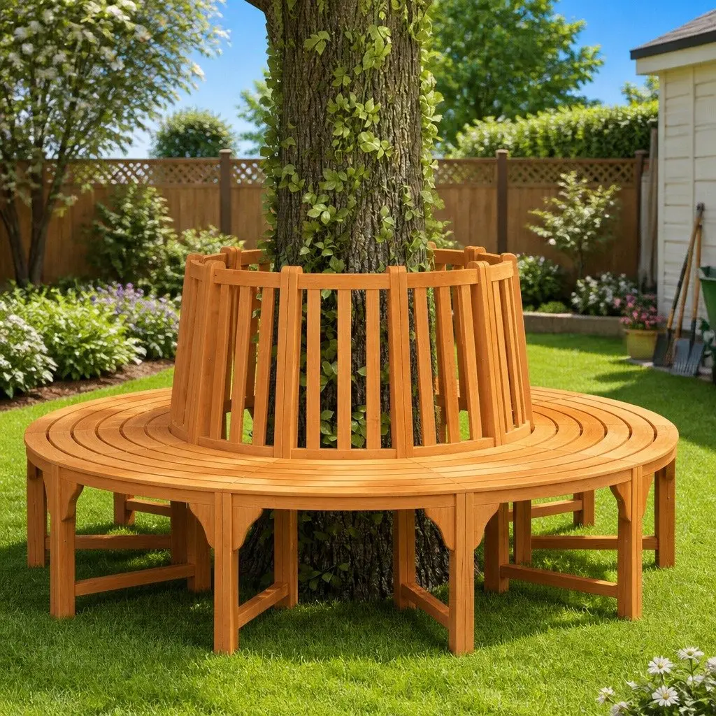 Round Tree Bench Solid Wood Eucalyptus Circular Outdoor Seating 208 cm
